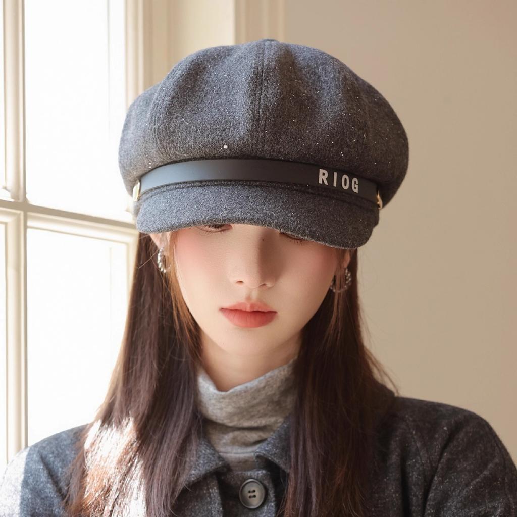 Vintage British Style Belt Buckle Octagonal Hat Women's Autumn New Painter Hat Beret