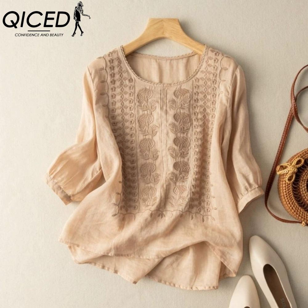 

QICED Жіночі Модні Повсякденні Однотонні Блузки та Сорочки з Принтом з Рукавом 3/4 та Круглим Вирізом XXXXL хакі