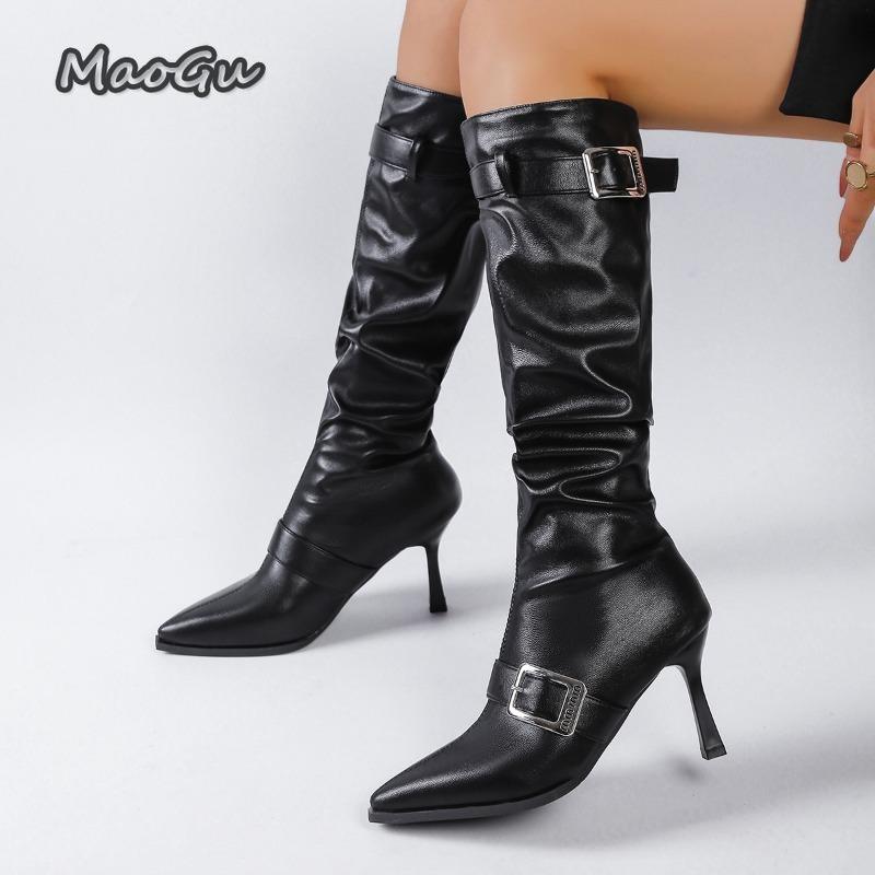 Fashion Fashion Metal Buckle Decor Long Boots for Women Solid Color Pointed Toe Autumn Knee High Boots Sexy Thin High Heel Party Shoes