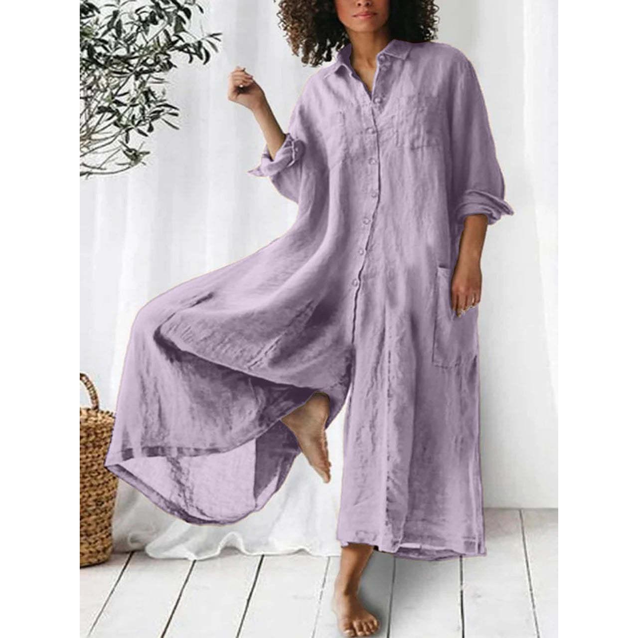 

Весна-лето Женский свободный повседневный однотонный комбинезон из хлопка и льна с рукавами 3/4, V-образным вырезом и пуговицами XXL фиолетовый