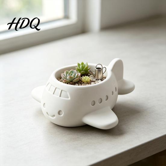 Creative Office Plant Holder 3D Printed Cartoon Airplane Succulents Pot Cute Desktop Flower Pot Indoor Window Sill Container for Small Plants,