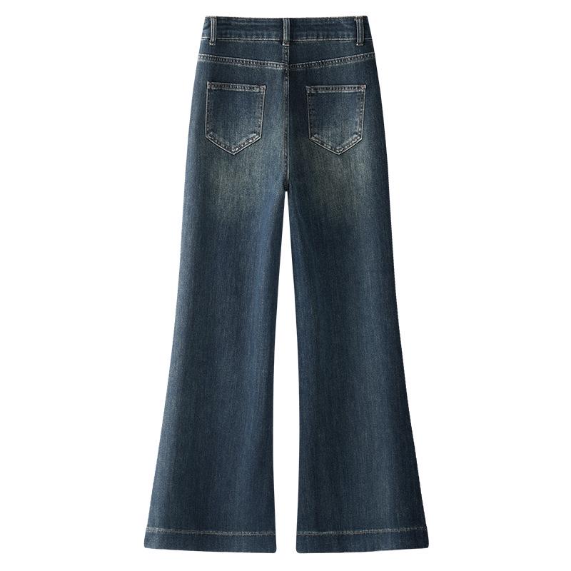 Jeansi evazați cu talie înaltă pentru femei 2024, albaștri, căptușiți cu fleece: Toamnă/Iarnă Largi cu Picior Lat Până la Podea