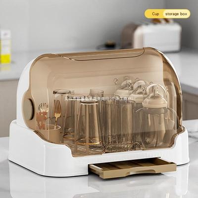 Large Dustproof Storage Box for Cups and Tea Sets with Lid and Draining Tray
