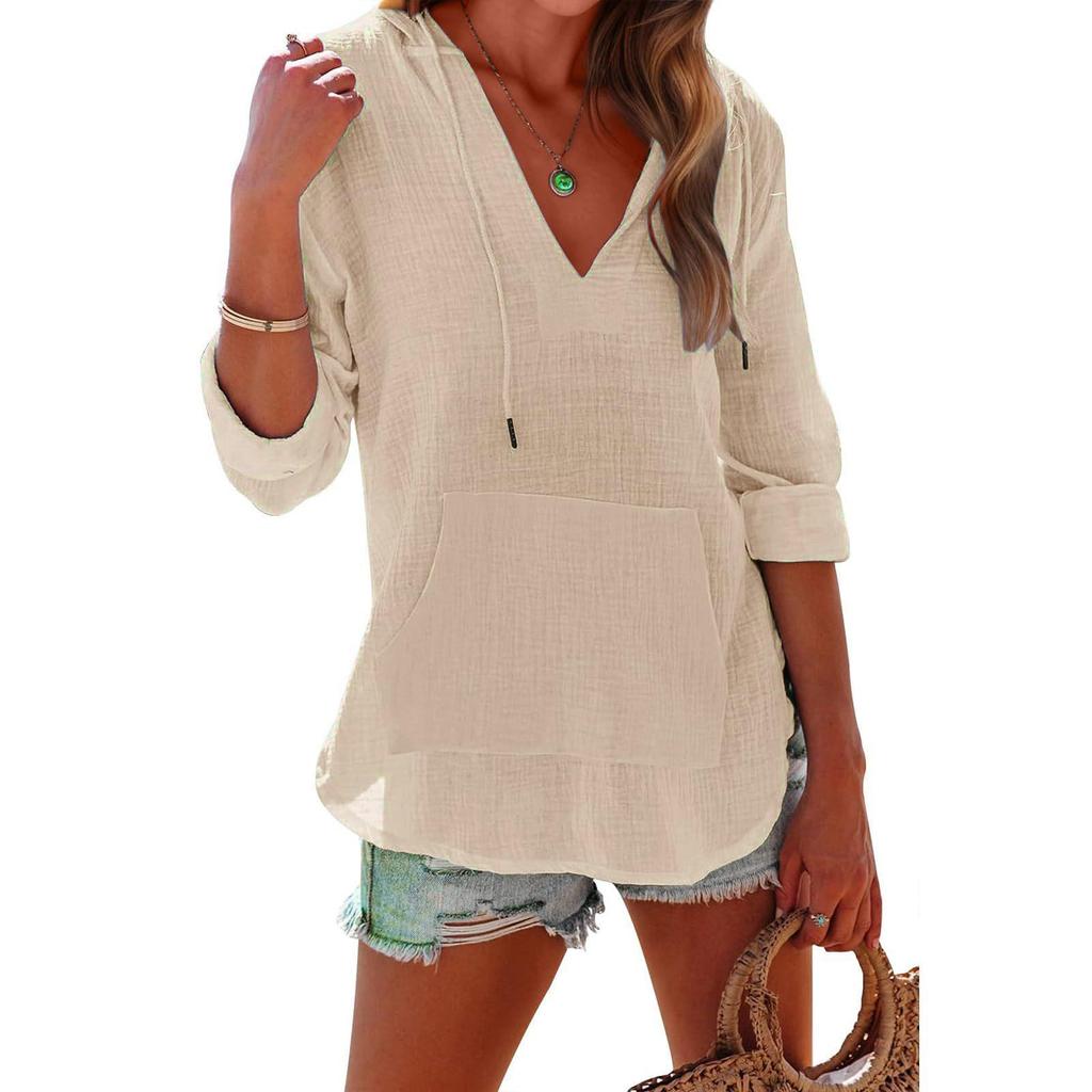 Summer Beach Smock Hoodie, Sports Long-sleeved V-neck Pocket Hooded Women's Shirt Top
