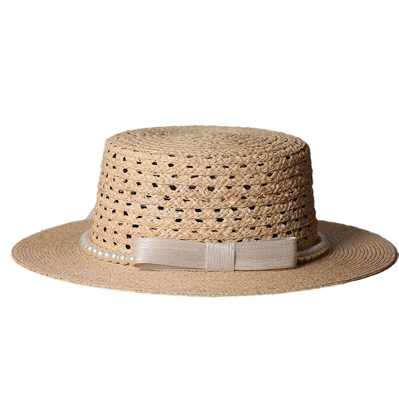 High Quality Raffia Silk Hemp Pearl Straw Hat French Flat Top Sun Hat Hollow Breathable Sun Hat Beach Hat