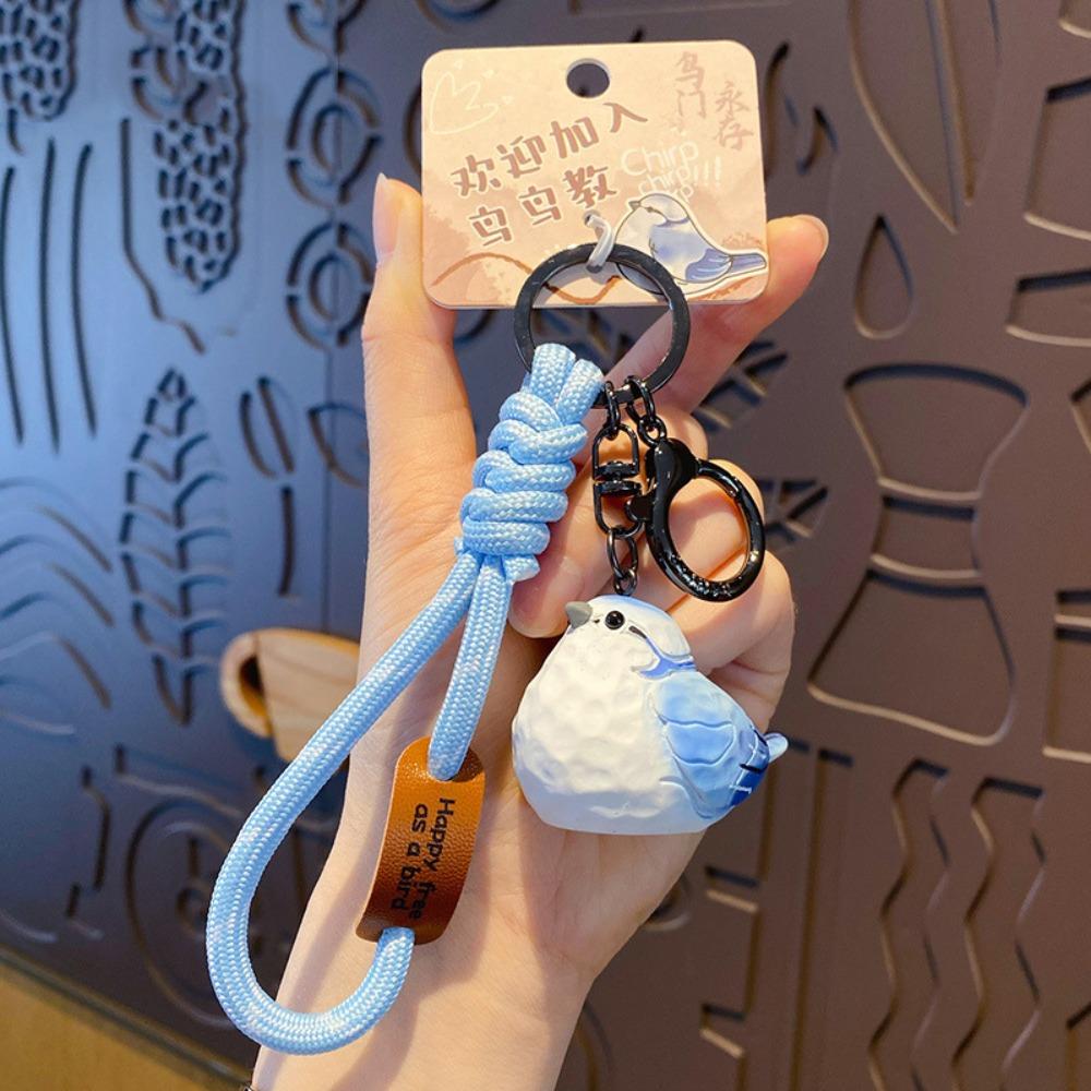 

Kawaii Imitation Wood Carving Keychain Grey Blue Tit Pearl Bird Keychain Car Key Accessory Style 1