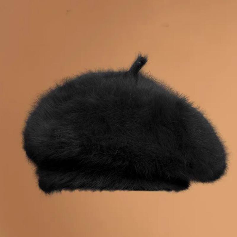 

Зимняя женская корейская версия берета из меха кролика теплая вязаная шерстяная шапка сохраняет тепло чёрный