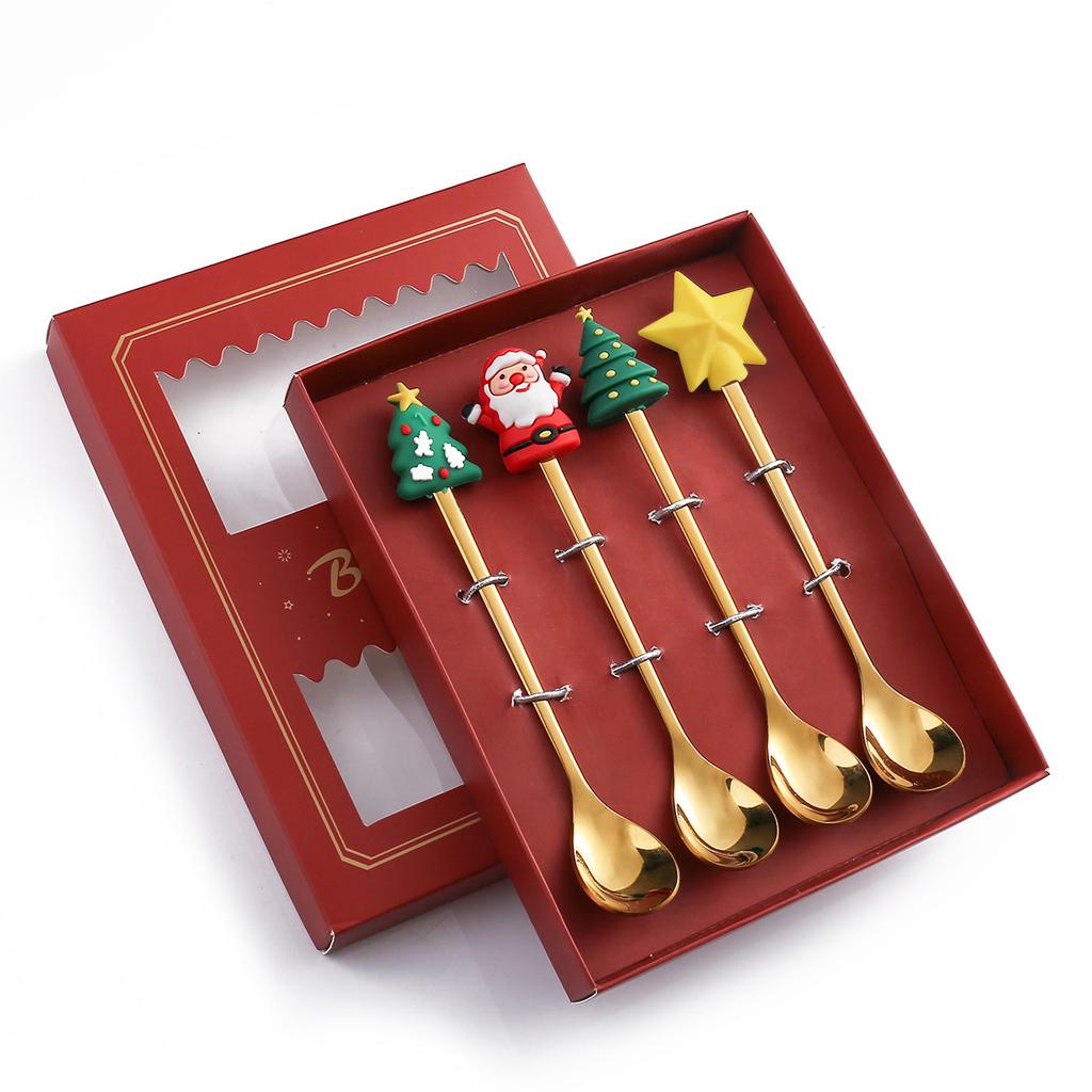 6/4/2 STK Weihnachtsgeschenk Glod Löffel Gabel Set Elch Weihnachtsbaum Dekoration Dessert Scoop Obst Gabel Kaffeelöffel Besteck Set