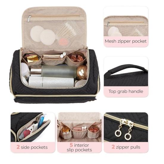 

Yousheng Cosmetic Bag Large Capcity Embroidery Zipper Closure Wide Mouth with Handle Multi Compartments Business Short Trips Toiletries Storage Case L чёрный