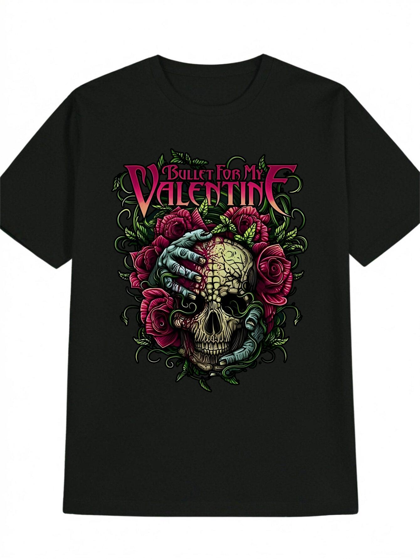 Gothic Heavy Metal Graphic T-shirt - Black Skull & Roses Rock Tee XL