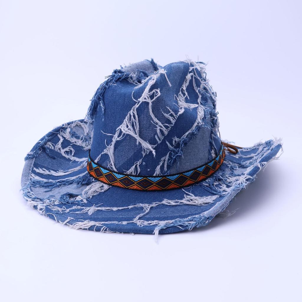Denim One-Word Top Top Top Hat Jazz Hat Ripped Retro Western Cowboy Hat
