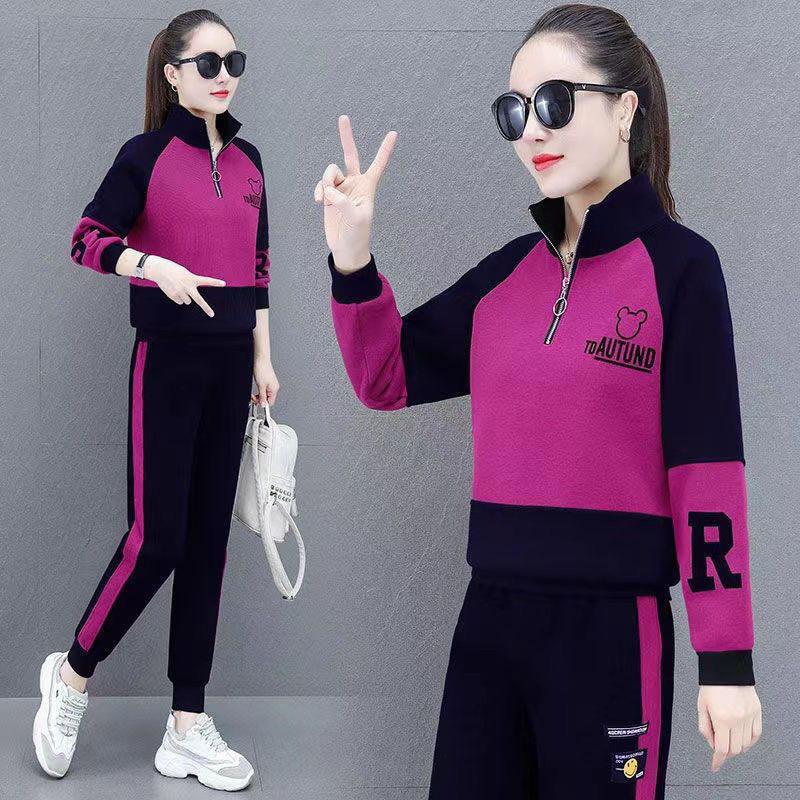 Women's Stand Collar Half Zip Two Piece Tracksuit Loose Fit Color Block Raglan Top Elastic Waist Jogger Pants Embroidery Casual Autumn Matching Set