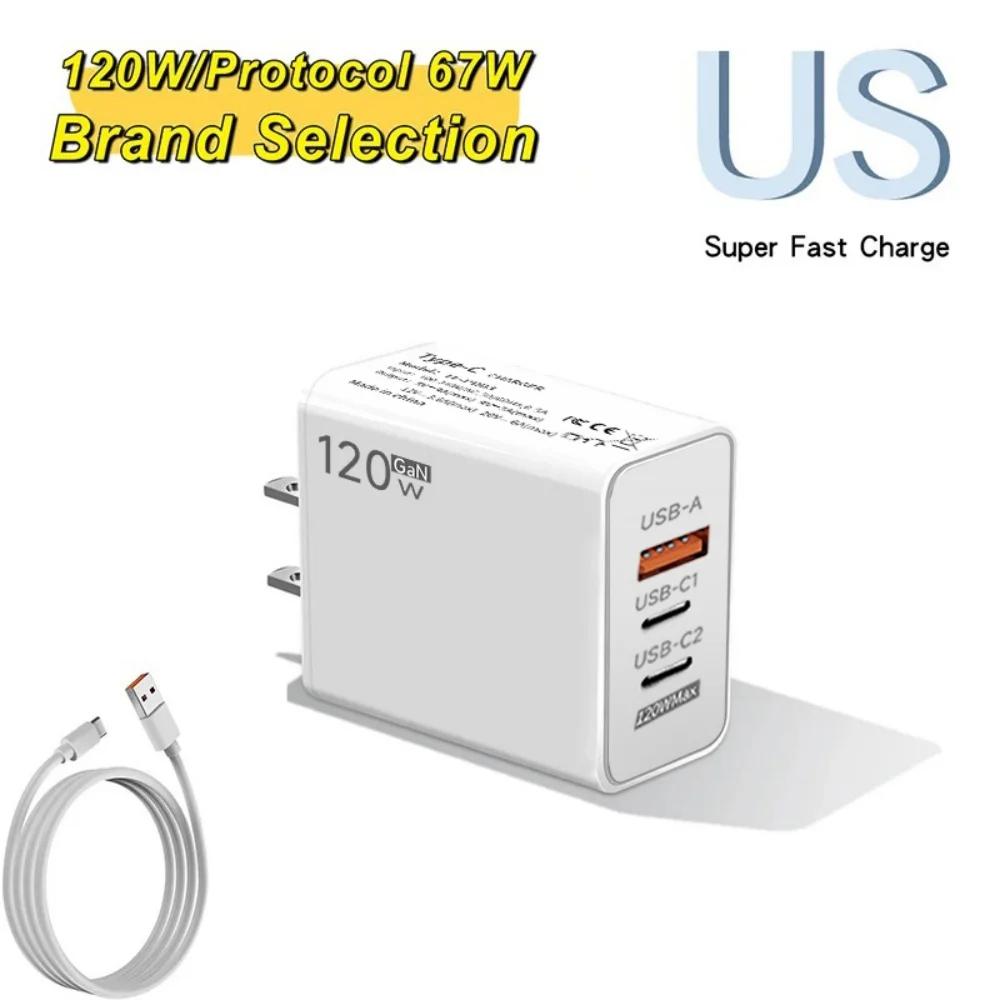 120W 3 Ports USB Charger Type C Fast Charging EU/US Plug Wall Charger 6A Type C Cable For  Mate 50 60 Honor Quick Charger