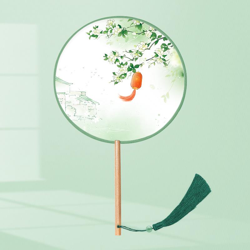 Girls' Summer Hanfu Dance Fan: Long Handle, Double-Sided Embroidered Round Fan for Traditional Costume