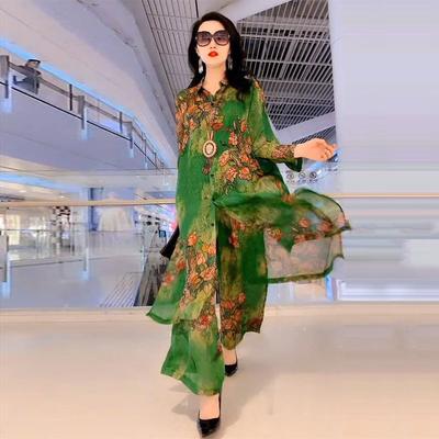 Spring Summer Women's Sets Large Silk Wide Leg Trouser Set Women's Spring Print Slim Two Piece Set Female Elegant