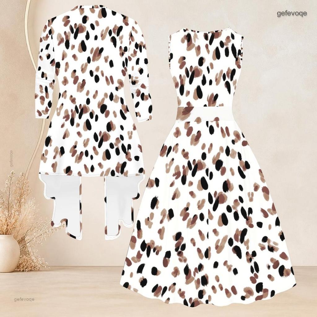 Women Plus Size Two Piece Set Printed 3 4 Sleeve Open Cardigan Sleeveless Round Neck Tie Waist Flared Dress