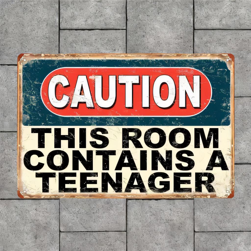 Tin Sign Caution This Room Contains A Teenager Funny Retro Vintage Metal Wall Art Plaque for Bedroom Garage Bar Man Cave Office