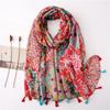 Print Geometric Tassel Turban Scarf Boho Scarf For Women Lightweight Floral Printed Scarf