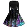 Christmas Print Flare Dress For Women Long Sleeve Dress Hollow Party Casual Dresses