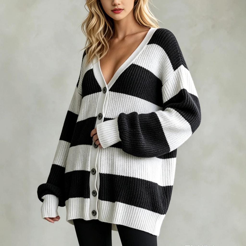 Women S Lazy Style Striped Knit Cardigan V Neck Loose Sweater Coat