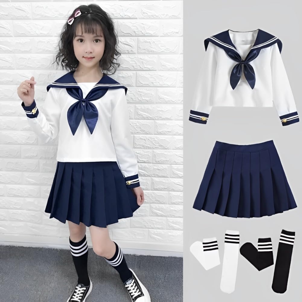 REENEW JK Long Sleeve Sailor Uniform Cosplay Halloween Boys and Easy Navy Perfect for School Cultural Entrance and Includes Pleated School Uniform Set