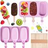 Silicone Popsicle Mold Set with 50 Wooden Sticks, 3 Compartments, Oval Shape, Purple, Ice Cream Molds for Homemade DIY Treats