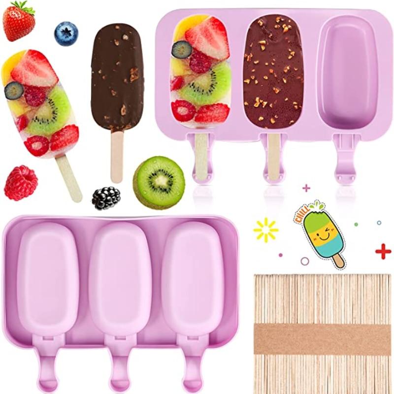 Silicone Popsicle Mold Set with 50 Wooden Sticks, 3 Compartments, Oval Shape, Purple, Ice Cream Molds for Homemade DIY Treats