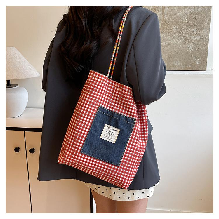 American Style Gingham Checkered Tote Bag Large Capacity Polyester Shoulder Handbag CLE