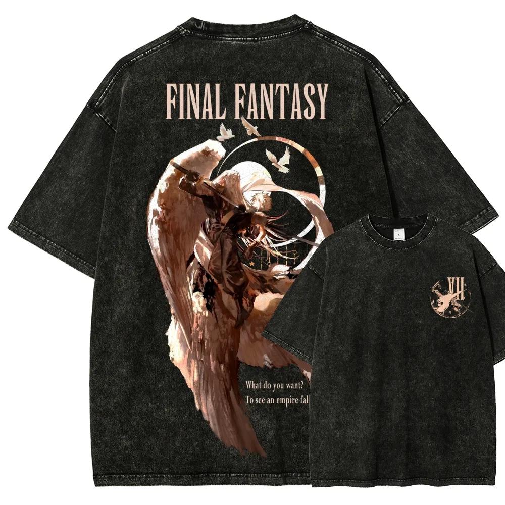 Anime Final Fantasy Graphic Manga Vintage Washed Oversized T Shirt Men Women Casual Short Sleeve Pure Cotton High Quality Female Male Clothing