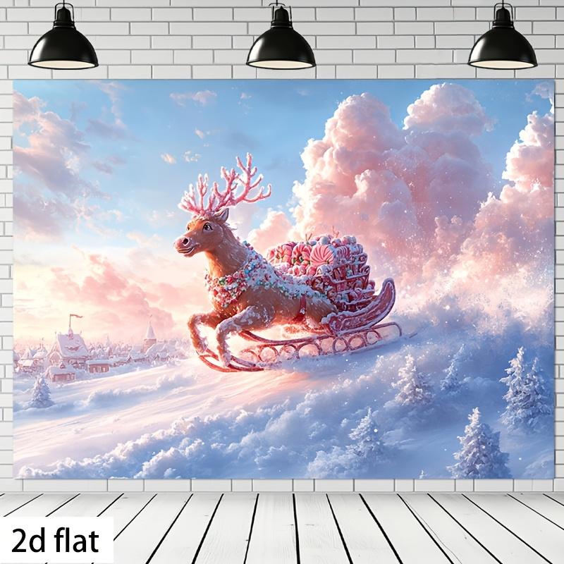 2D flat festive gingerbread reindeer sleigh scene tapestrypink clouds snowy scenery with candy decorated waffle sleigh 74x94cm(29x37in)