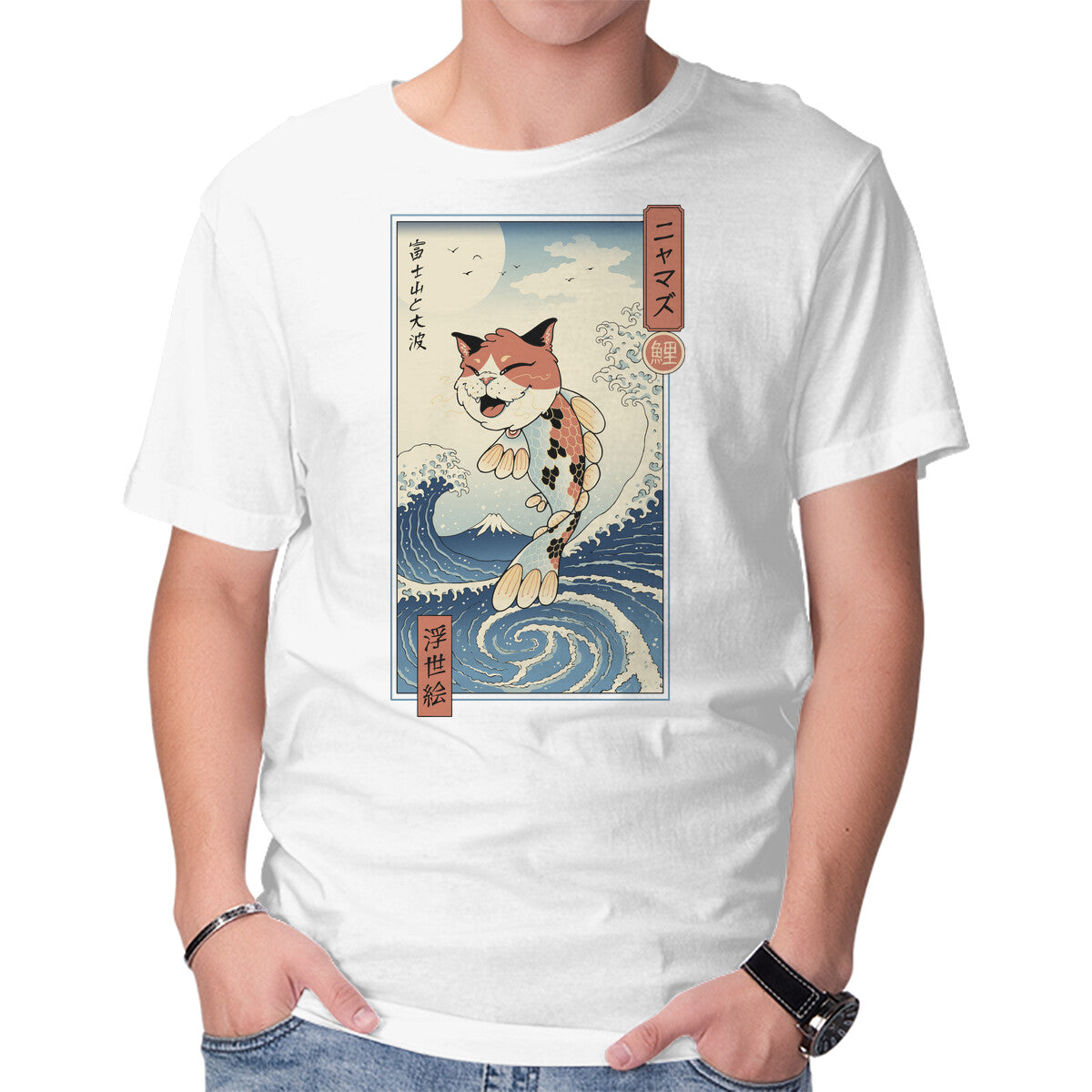 Unisex Crew Neck T-Shirt Cat Fish Ukiyo-e Graphic Short Sleeve Casual Tee XXXL