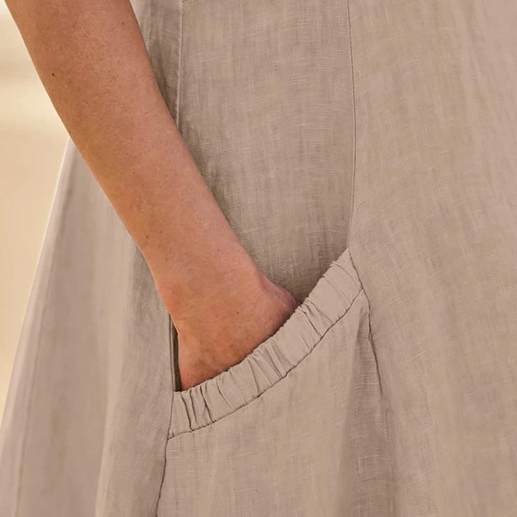 Women's Fashion Casual Solid Colour Sleeveless Cotton Linen Pocket Dress