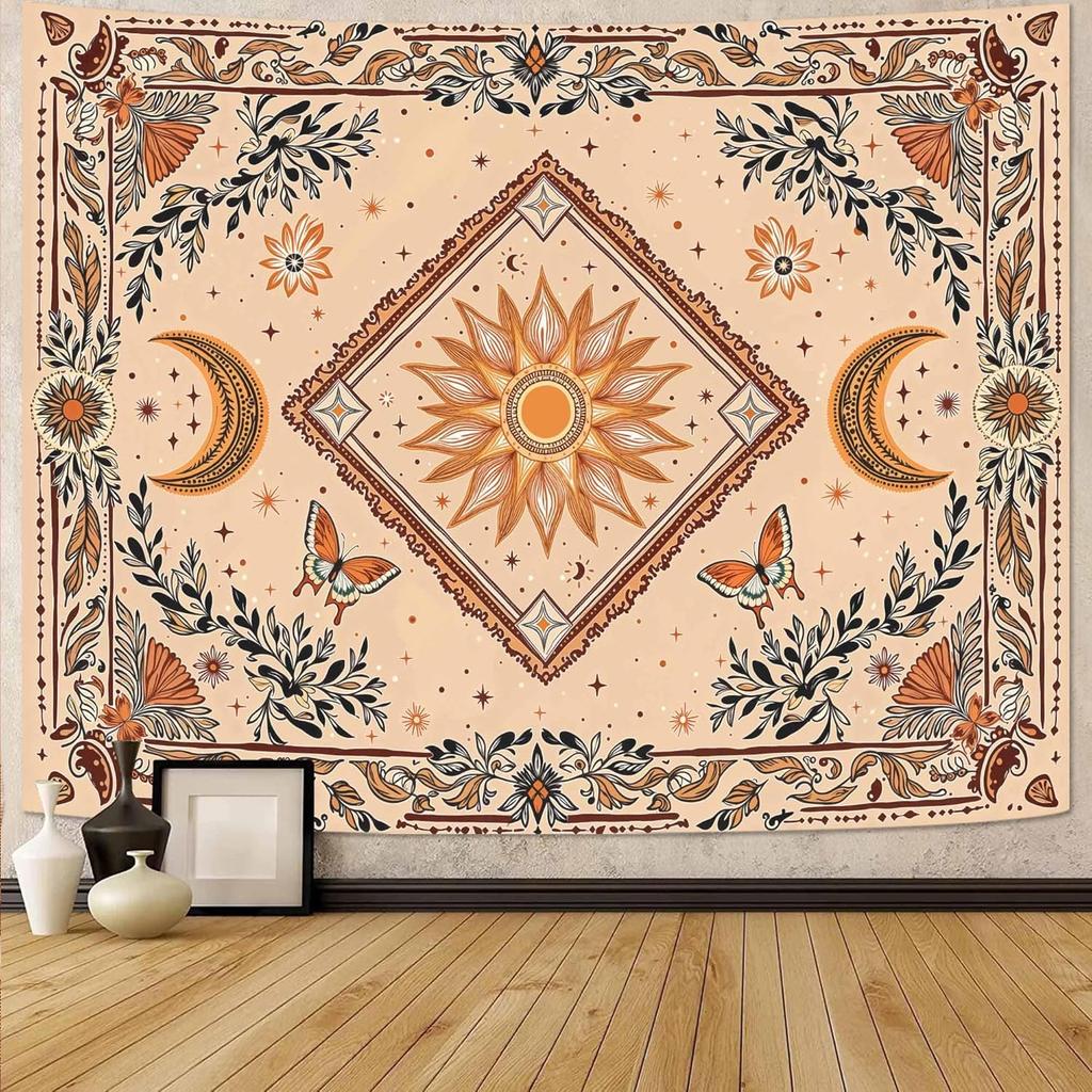 VIKAMA Tapiz Sol Luna Dormitorio Hippie Bohemio Flor Tapiz de Pared Flor Retro Plantas Espíritu Celestial Gran Tapiz