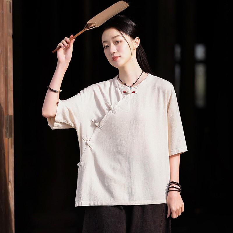 Johnature Women Chinese Style Shirts Solid Color Stand Half Sleeve Tops Summer Vintage Button Women Shirt Blouses