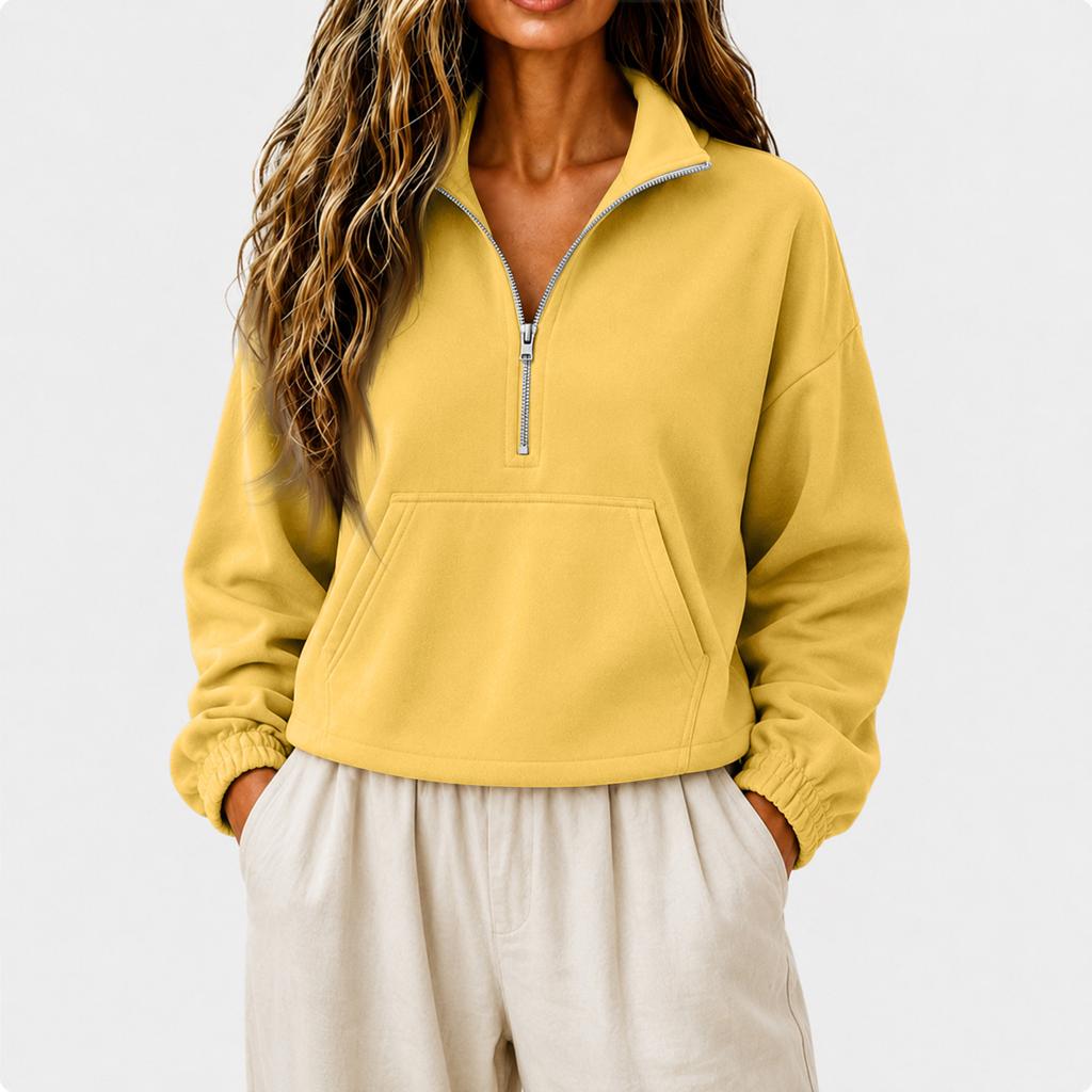 Women's Casual Half Zip Stand Collar Crop Hoodie Loose Long Sleeve with Pocket
