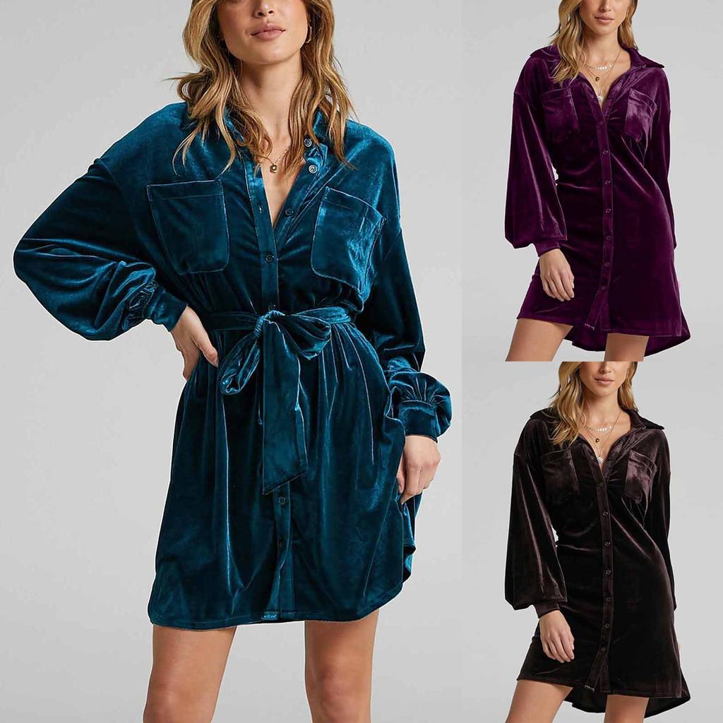Women's Fashion Long Sleeve Color Pocket Canary Velvet Dress