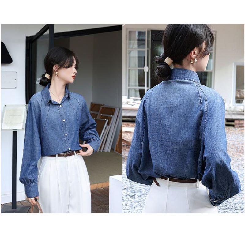 Solid Color Denim Shirt Women's Spring and Autumn Cardigan Loose Long Sleeve Retro Fashion Top