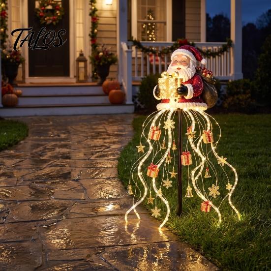 Santa Claus Yard Statue with Lights Solar Christmas Garden Light, LED Holding Gift Box Stake Warm White Cascading String for Outdoor Porch Pathway