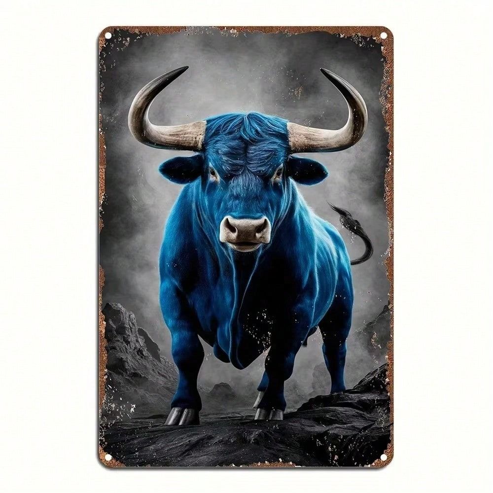 Vintage Metal Wall Art Blue Ox Bull Decor for Bar Kitchen Living Room Gift