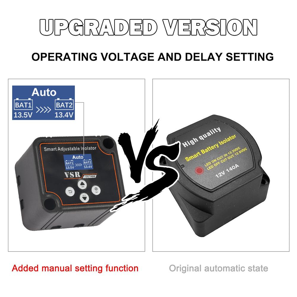12V 140A Adjustable Dual Battery Isolator Split Charge Dual Battery Smart Isolator LCD Display Voltage Setting For Camper Car RV