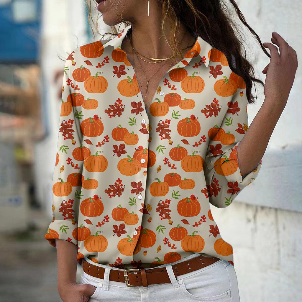 Halloween Cute Pumpkin Cat Lantern Cute Ghost Element Women's Clothing Long Sleeve Shirt Print Lapel Button Holiday Party Tops