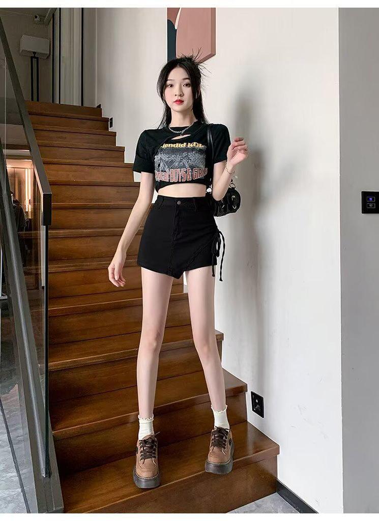 Irregular Denim Skort for Women - Slimming Lace-up A-line with Drawstring