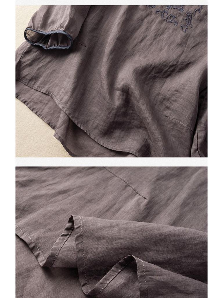 2024 Summer Retro Embroidered Cotton-Linen Colorblock Chinese Style Pullover Shirt