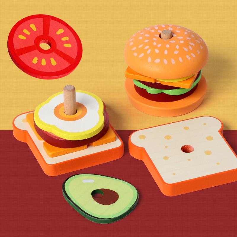 Jucării de Stivuit Burgeri și Sandvișuri din Lemn Jucărie Educațională Montessori Joc de Rol Jucării Puzzle cu Mâncare Pentru Copii Dezvoltă Abilități Motrice Fine