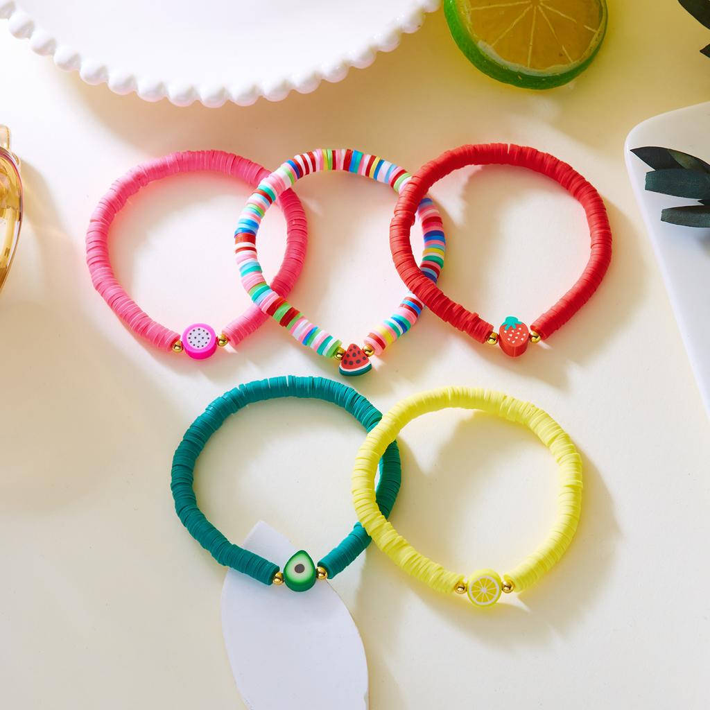 Bohemian Cute Sweet Fruit Charm Bracelets For Women Watermelon Strawberry Lemon Soft Clay Pottery Beaded Bangles Party Jewelry
