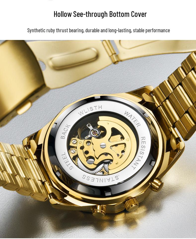 Wolis Men's Gold Waterproof Mechanical Watch - Creative Hollow Design