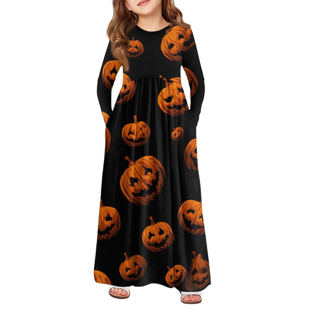 Girls' Maxi Dress Halloween Day- Long Sleeve Pocket Dress