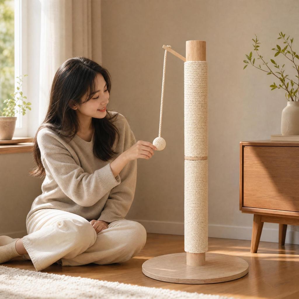 Vertical Cat Scratching Post Sisal Wrapped Wooden Base Interactive Ball for Indoor Felines