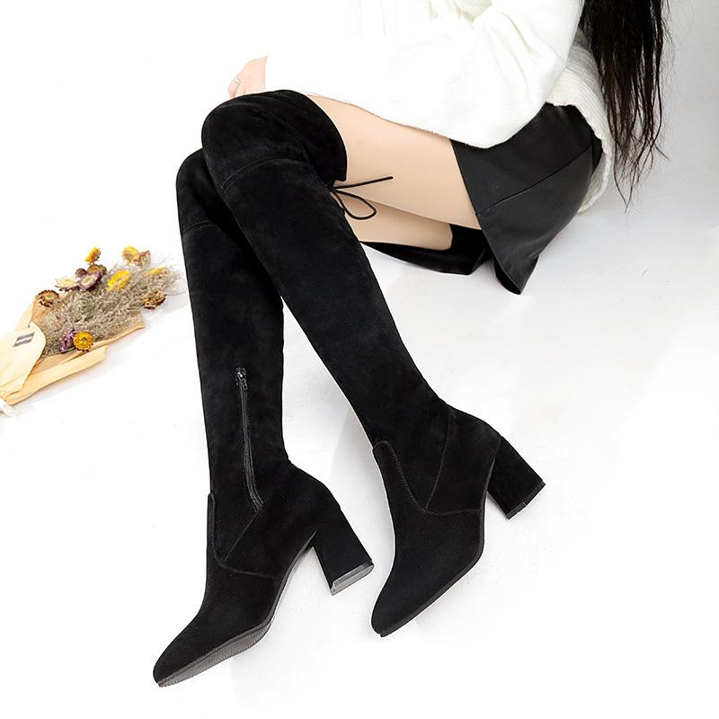 Large Size Casual Thick Heeled High-heeled Knee Over Boots Autumn Winter Suede Long Skinny Boots Shoes 35-41