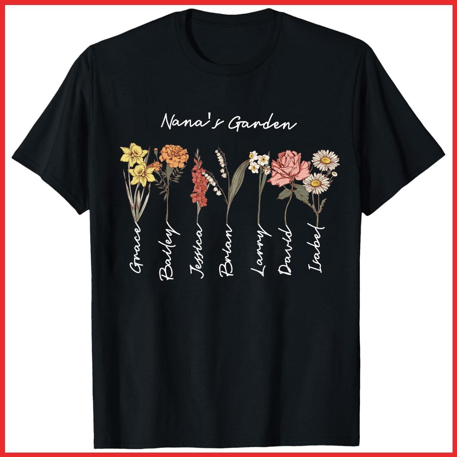 Grandma s Garden Custom Birthflower Gift For Grandma Black Cotton T-Shirt S-5XL L